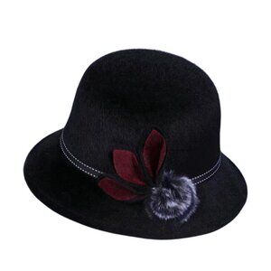 Womens Bowler Black Felt Hat Whitework Embroidery Dome Floral Pom Winter Casual